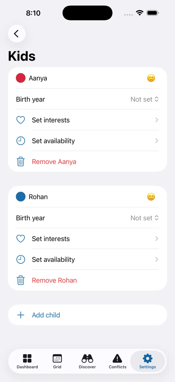 Slotwise kids screen with each child's birth year, interests and weekly availability